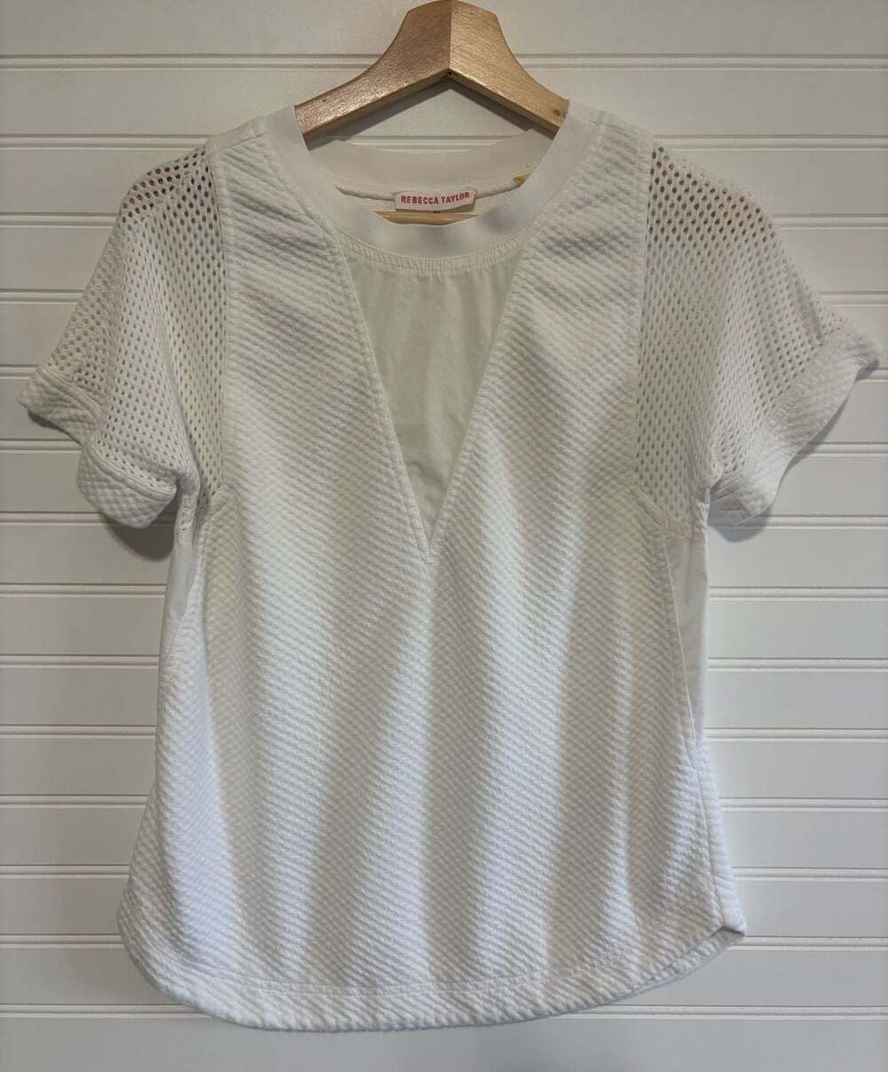 Rebecca Taylor White Textured Mesh Panel Short Sleeve Top Size 2